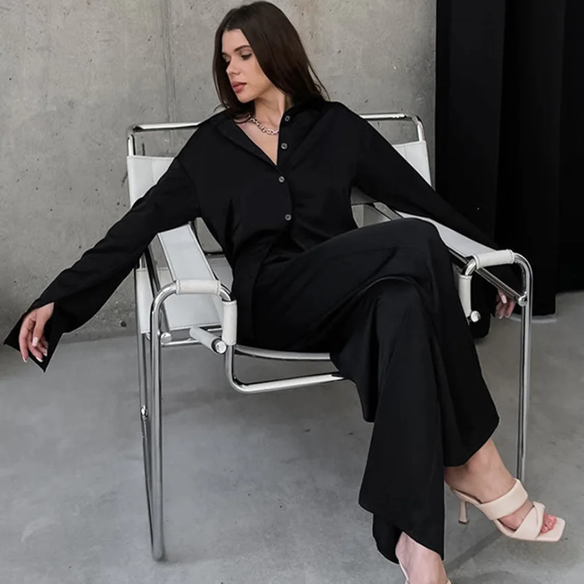 Autumn European / American Long Sleeved Pajamas Silk Like Loose Shirts Trousers Home Clothes Fashionable Cross-border Women 2PCS