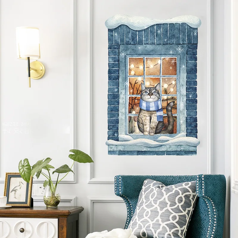 

Winter atmosphere painted cat fake window snow living room porch home wall decoration wall stickers DIY waterproof wall stickers