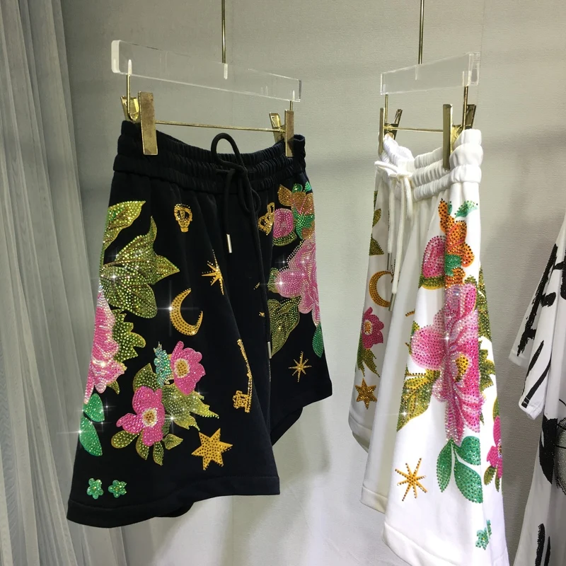 Luxury Flowers Hot Drilling Women Shorts 2023 New Summer All-match Elastic High Waist Wide Leg Pants Large Size Casual Shorts