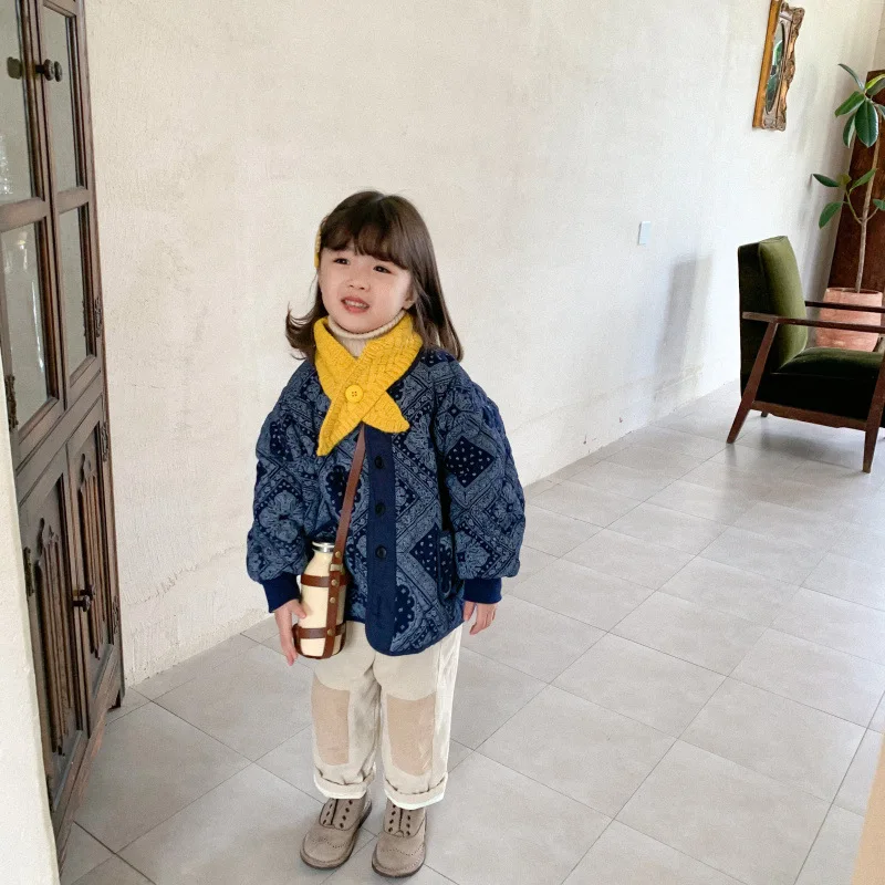 Children Coat 2021 Autumn New Long Sleeve Pattern Late Autumn Boys and Girls Retro Cotton Padded Clothes Kids Loose Cotton Tops