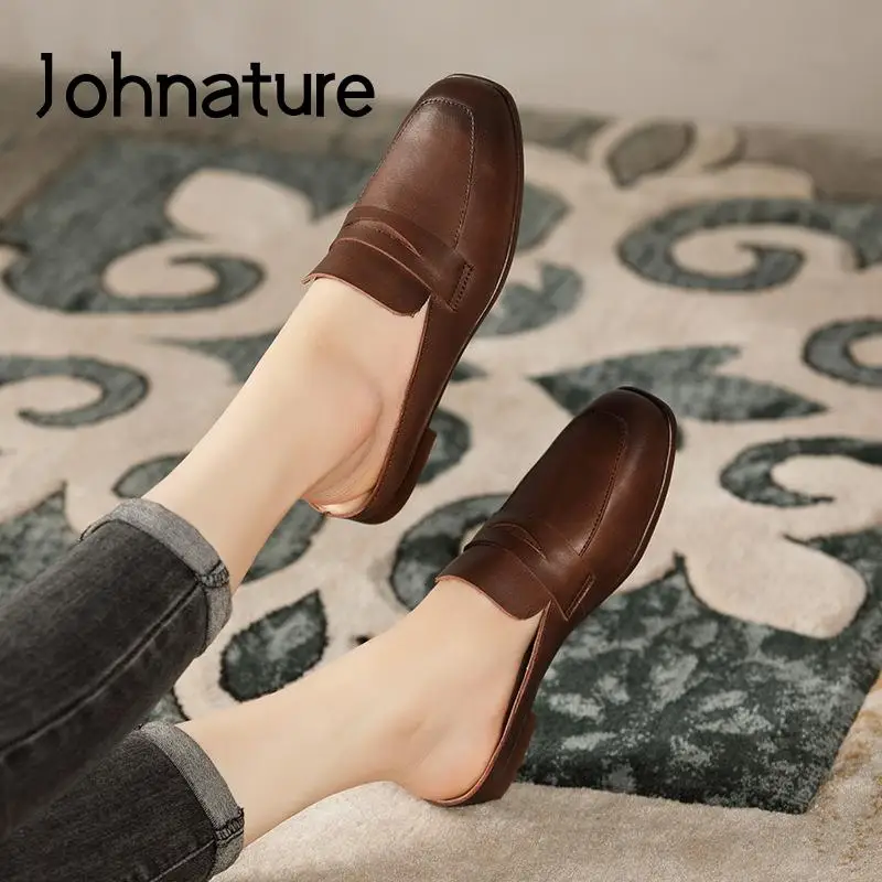 

Johnature 2022 New Genuine Leather Women Slippers Fashionable Flat Bottom Muller Outside Summer Slingbacks Solid Lady Shoes