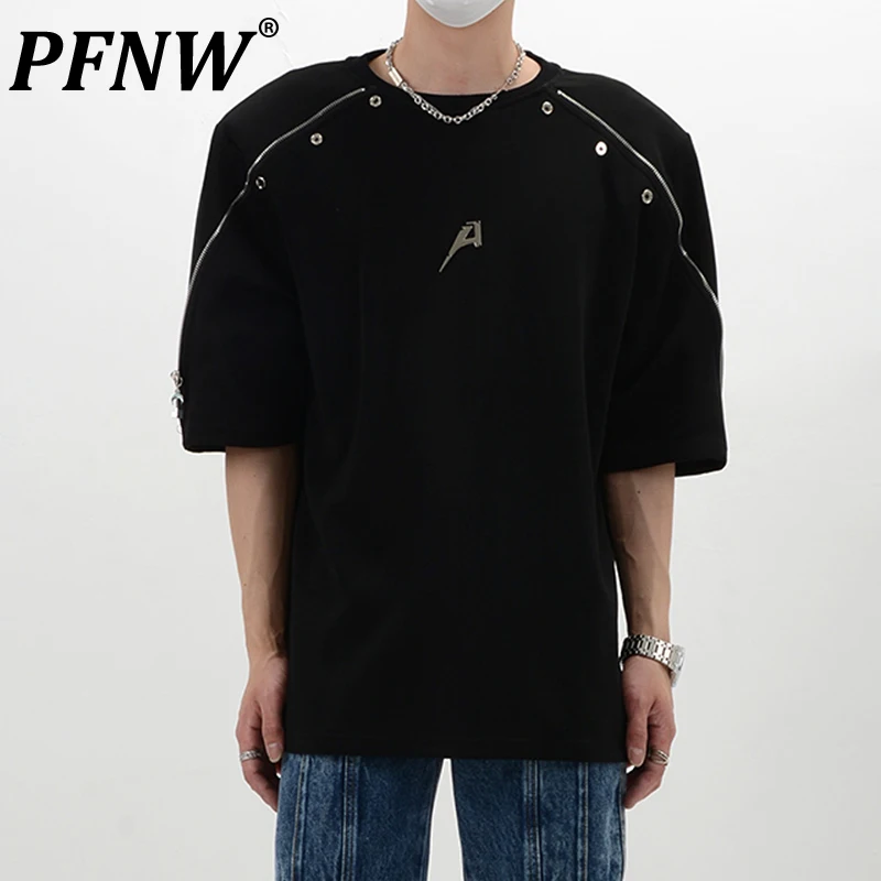 

PFNW Summer Men's Tide Breathable Zippers Shoulder Pad T-shirt 3D Metal Decoration Niche Design Handsome Techwear Tops 12Z1580
