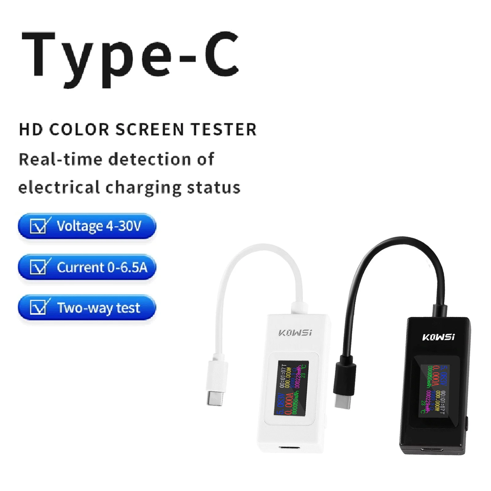 

KWS-066C Type-C Tester DC4-30V Voltage Meter Timing Ammeter Digital Monitor Cut-off Power Indicator 2-Way Current Voltage Tester