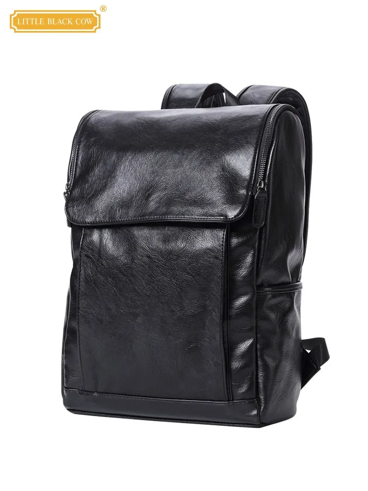 Mens School Student Bag Solid Black Large Capacity Zipper Cow Split Leather Fashion Travel Backpack Business Casual Laptop Bags