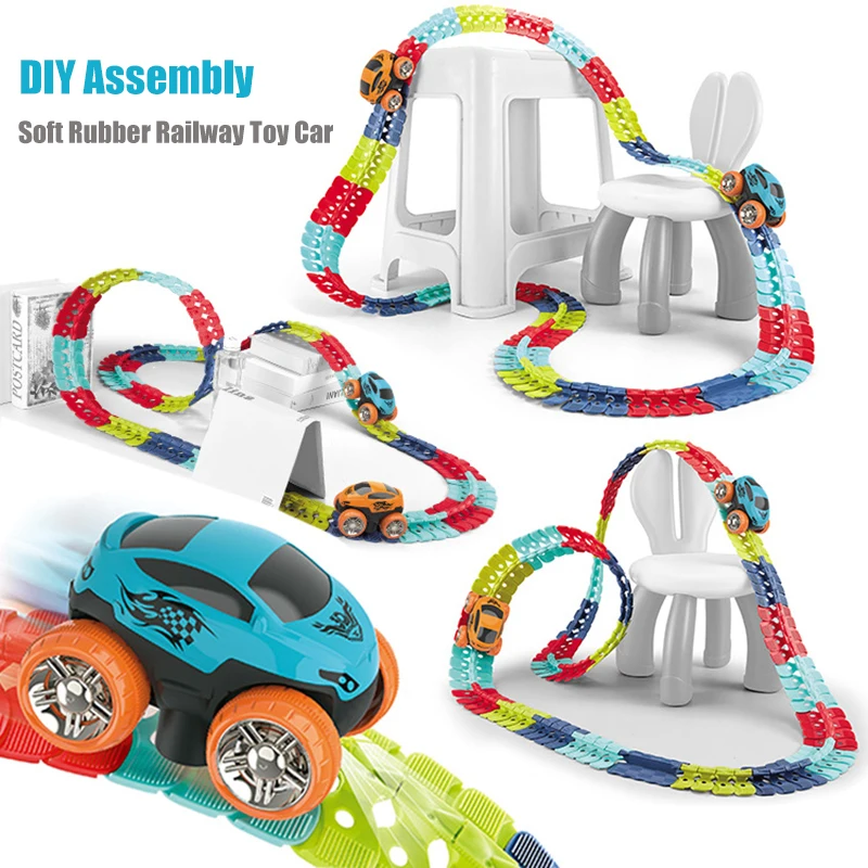 

DIY Rechargeable Kids Track Cars For Boy Flexible Track with LED Light-Up Race Car Set Anti-gravity Assembled Track Car Kid Gift