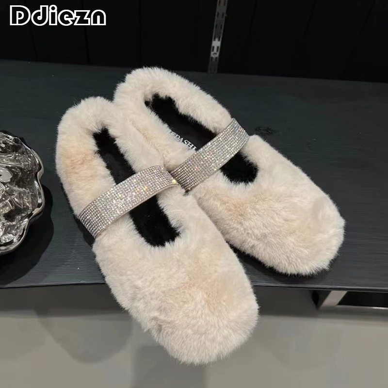 

Home Cotton Shoes Ladies Flats Women 2023 New Round Toe Luxury Rhinestones Winter Short Plush Fur Slides Female Shoes Mules