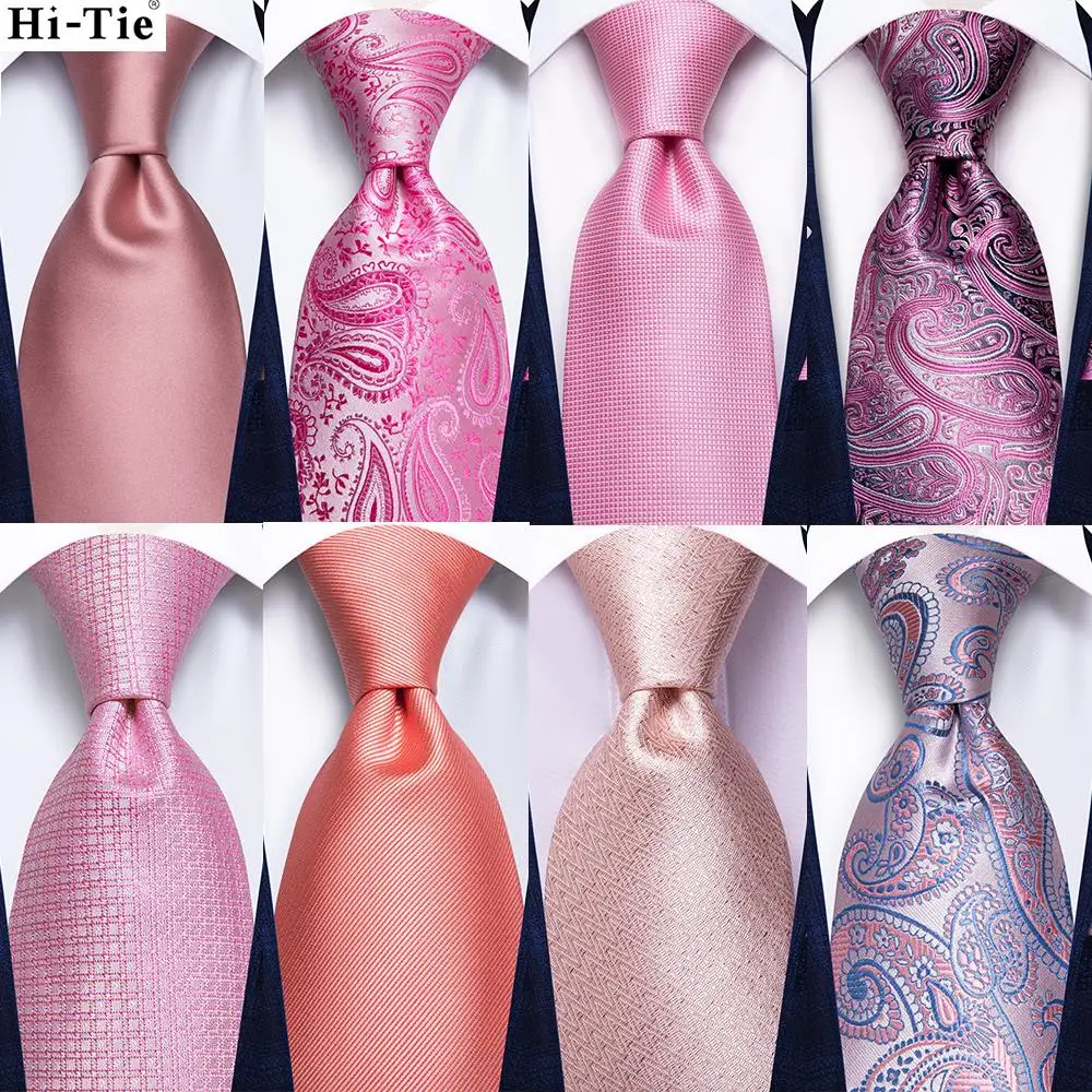 

Hi-Tie Designer Peach Pink Coral Solid Mens Silk Wedding Tie Fashion Gift Necktie For Men Quality Hanky Cufflink Business Party