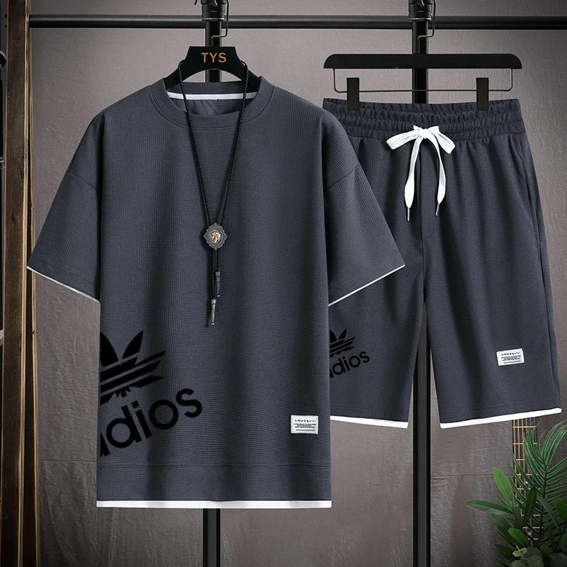 Summer new men's tops, sports shorts, waffle fabric, cool, breathable and sweat-absorbing, casual and fashionable Korean jogging