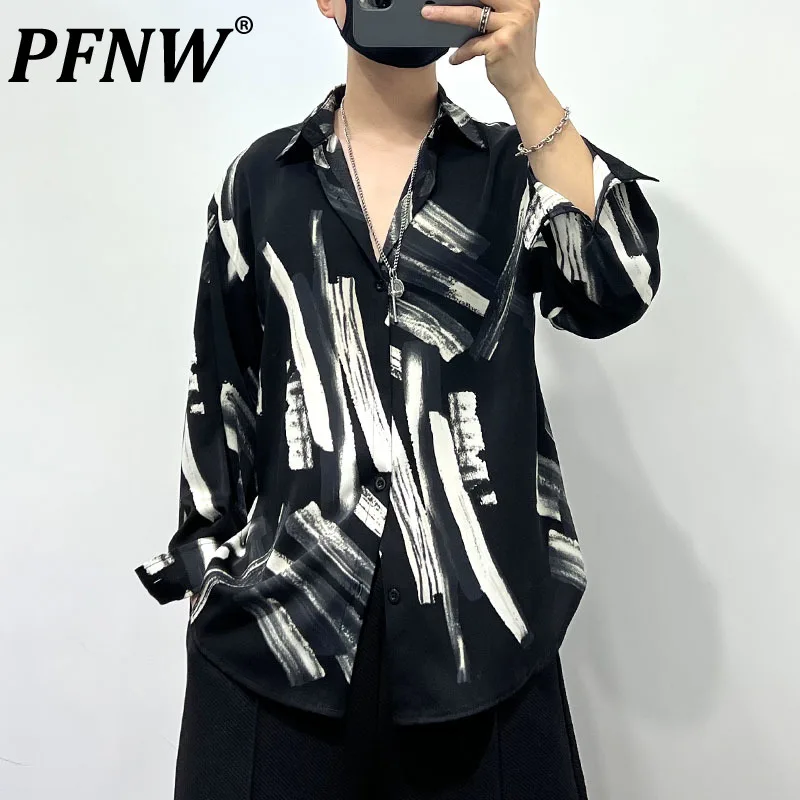 

PFNW модные летние мужские Y2K нишевые дизайнерские топы, модные Свободные повседневные однобортные шелковые рубашки с принтом 12Z1069