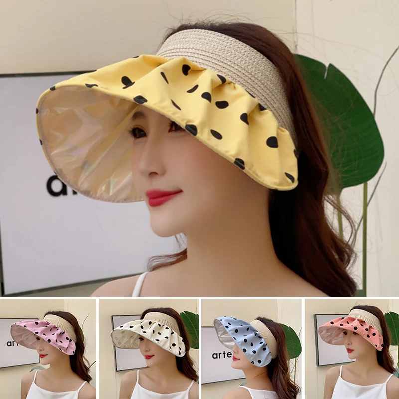

New Empty Top Hat Women's Spring And Summer Outdoor Sunscreen Shell Hat Wave Dot Large Rim Sun Visor Hat Beach Foldable Sun Hat