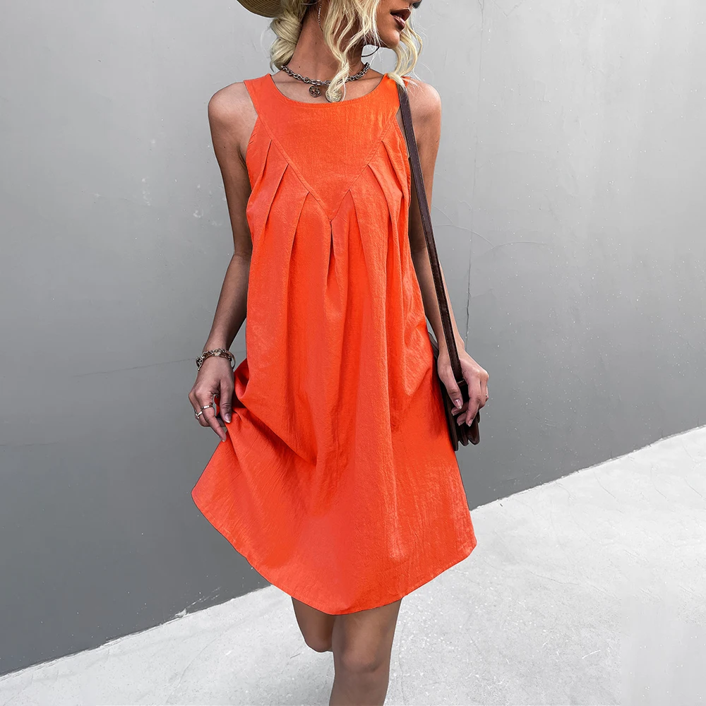 

Casual Loose Mini Dresses For Women 2022 Summer Fashion Solid Sleeveless Halter Party Woman Dress Elegant Robe Femme