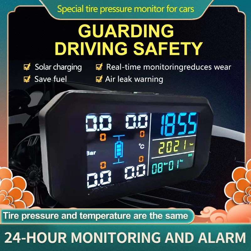 

TPMS Sensor Solar Power Tire Pressure Monitoring Security Protection Systems Digital LCD Display with Clock Auto Security Alarm