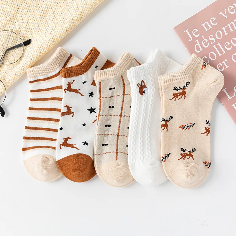 5 Pairs  Women Sock Spring Autumn Fashion Cartoon Deer Fox Harajuku Kawaii Cute Girl Happy Funny Boat Socks Designer Socks