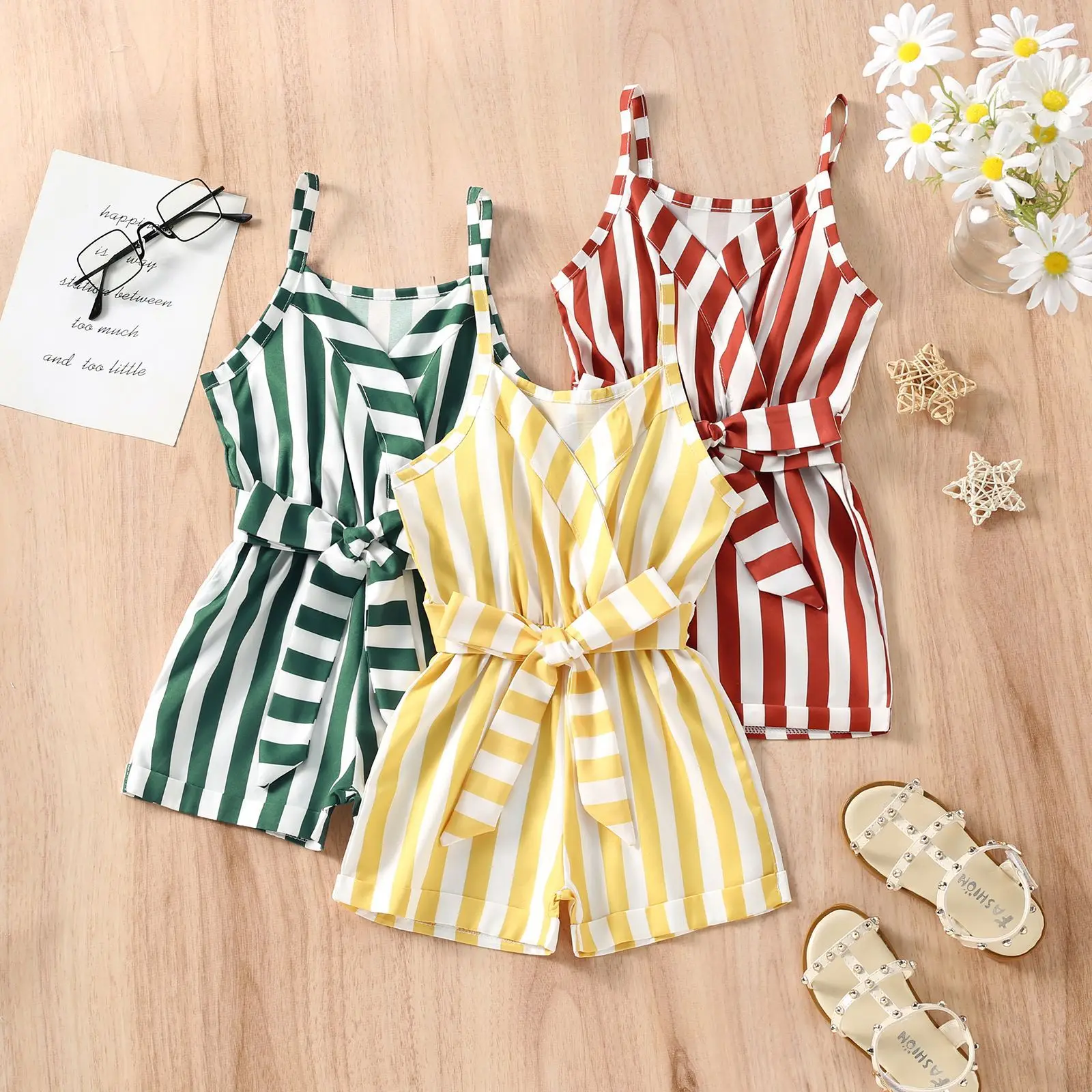 

INS Style Children Girls' Body Suit Stripe Suspendents Jumper Suit Short Pants Kids Summer Wear Clothes Child Clothing Fashion