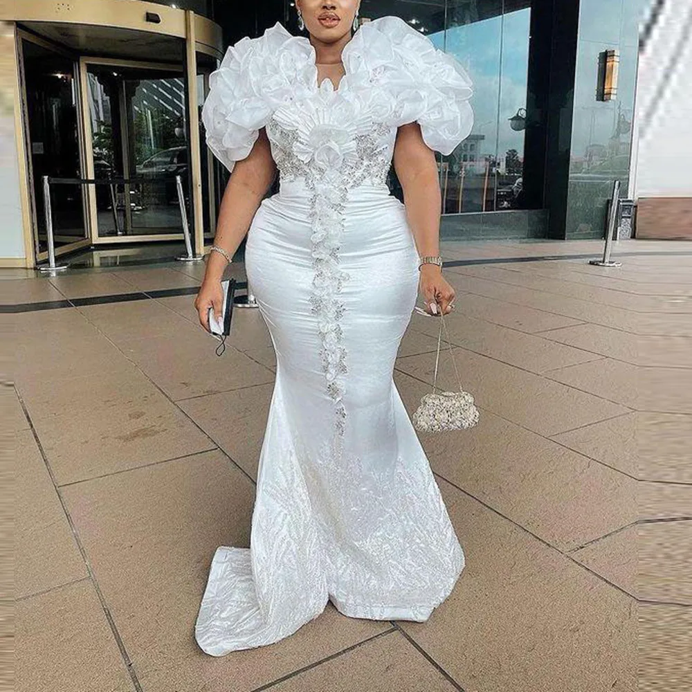 

Beaded Satin Mermaid Prom Dresses with Puffy Ruffles Sleeves Plus Size Modern Formal Evening Dress Women Celebrity Party Gowns