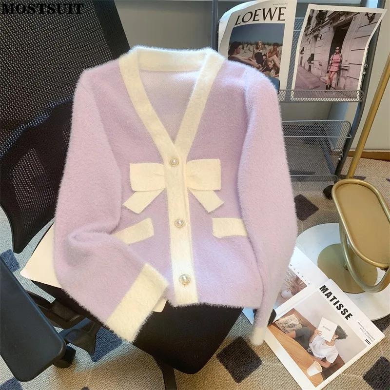 

Faux Mink Bowtie Sweater Cardigan Women Knitted Jacket Coat 2023 Autumn Winter Long Sleeve V-neck Elegant Stylish Loose Knitwear