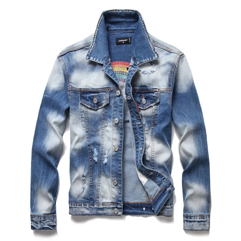 

Men Light Blue Denim Jackets Slim Jeans Coats Dsquared2 Brand Stretch Fit Casual Denim Coats New Male Embroidered Jeans Jackets