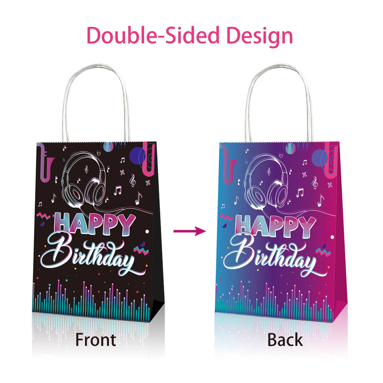 

BD034 12Pcs Double-sided Disco Music Happy Birthday Party Portable Tote Paper Gift Bags Packing Baby Shower Party Decorations