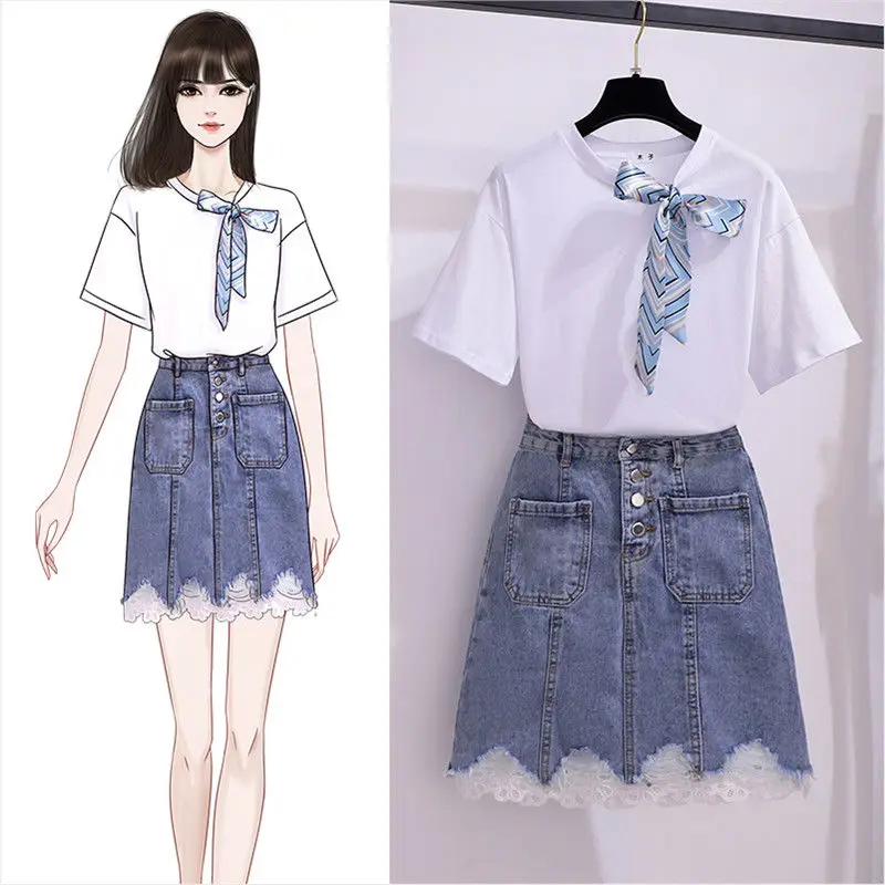 

Women 2022 Summer Fashion 2 Pieces Clothing Sets New Female Short Sleeve T Shirt + High Waist Lace Splicing Denim Skirt Suit M29