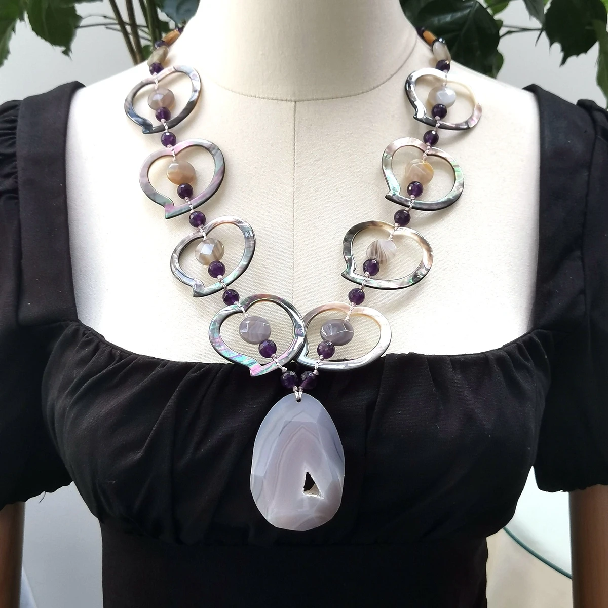 

Lii Ji ожерелье из настоящего камня Фотоэлементы перламутровая серая агатная подвеска женское ожерелье 70 см