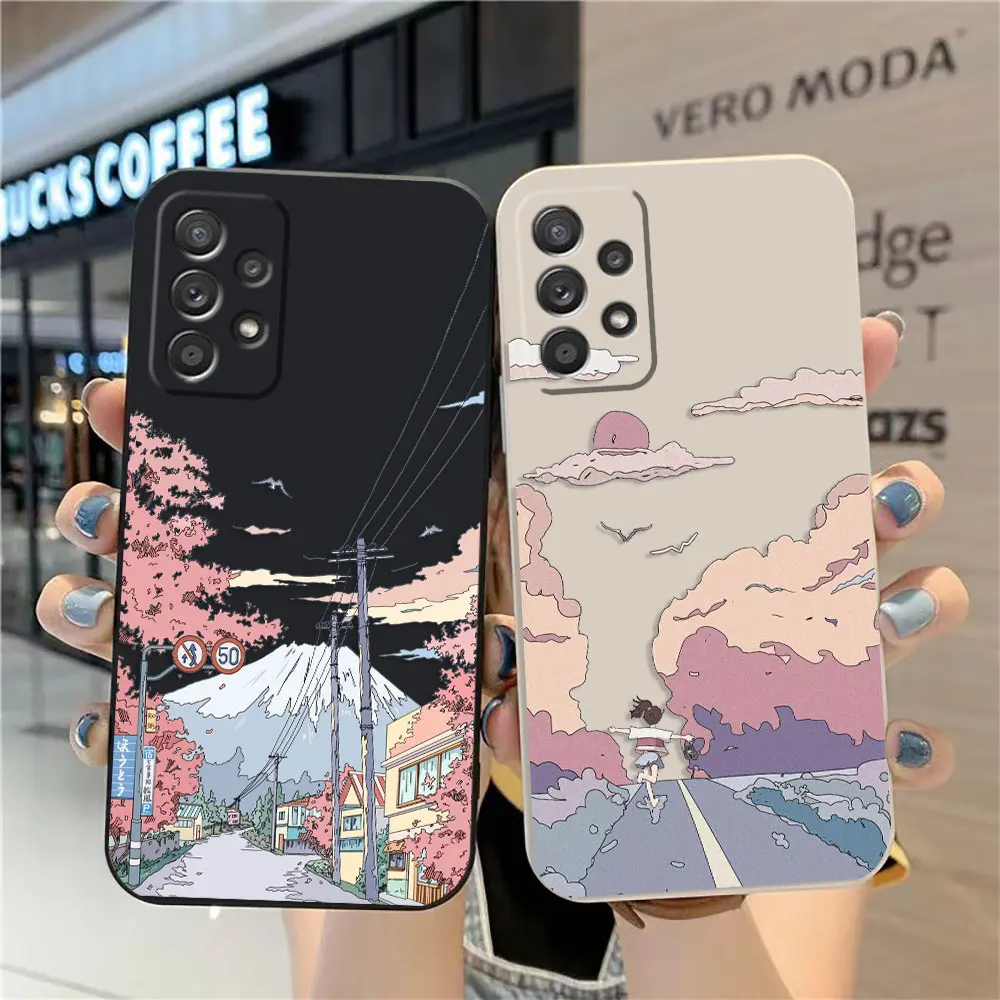 

Case For Samsung A91 A73 A71 A51 A42 A33 A22 A515F AO3S 4G 5G Simple Liquid silicone Case Japanese Country Trail Scenery