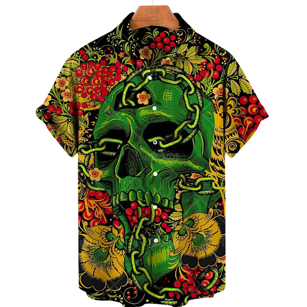 

Skull Print Shirt Men's Clothing Hawaiian Shirt Short Sleeve Summer 2022 New Beach Button Top Rose Vintage Oversized Shirt 5XL