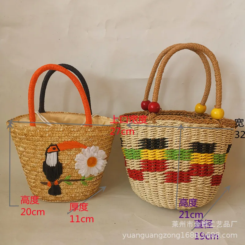 

Women's Casual Bag Decorative Straw Storage Bag Wheat Grass Embroidered Bird Paper Rope Woven Square Wooden Beads Bucket Basket