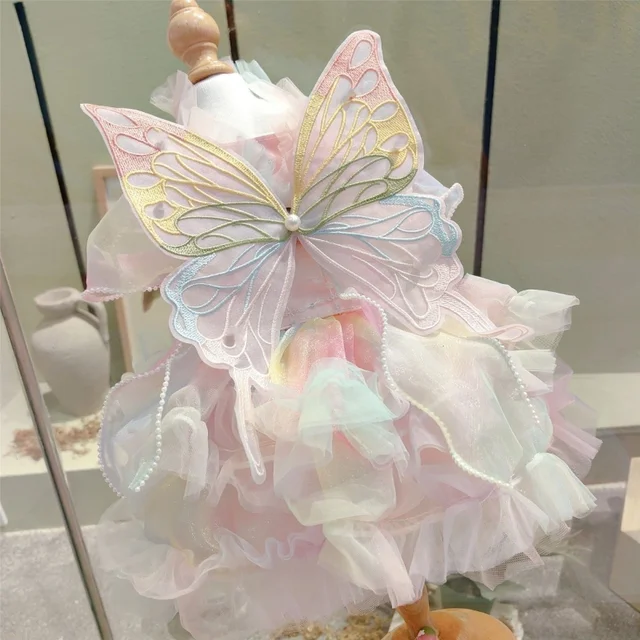 Butterfly Princess Dress Pet Dog Clothes Sweet Clothing Dogs Super Small Cute Chihuahua Soft Print Summer Pink Girl Mascotas 3