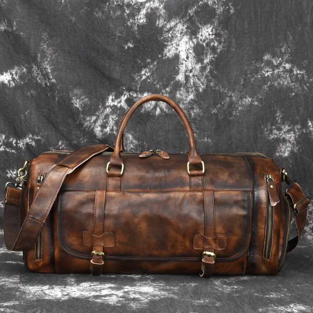 Newsbirds Vintage Travel Bag For 17 Inch Laptop Light Weight Big Leather Handbag For Business Tour Men Male Leather Baggage Bag