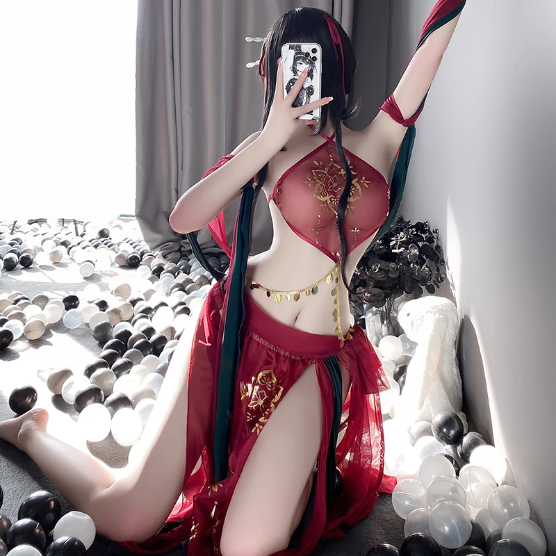

Lingerie Mesh Outfit Halter Lace Floral Long Dress Sexy Anime Cosplay Nightdress Roleplay Women High Split Stage Costumes
