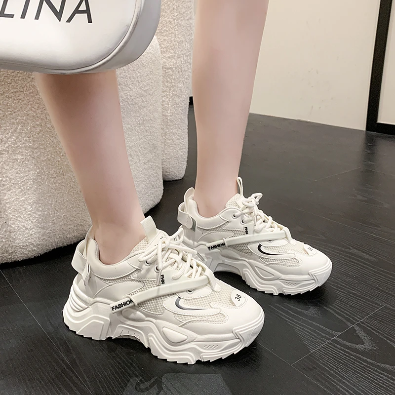 

Кроссовки женские сетчатые, толстая подошва, увеличенный 5 см, круглый носок, модная спортивная Осенняя обувь для папы