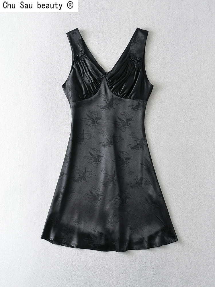 

Женское жаккардовое платье без рукавов, винтажное Привлекательное платье с V-образным вырезом и складками, удобное гладкое облегающее плат...