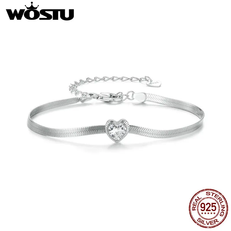 

WOSTU 925 Sterling Silver Shining Heart Bracelet with Zircon Original Fine Jewelry for Women Party Wedding Romantic Gift