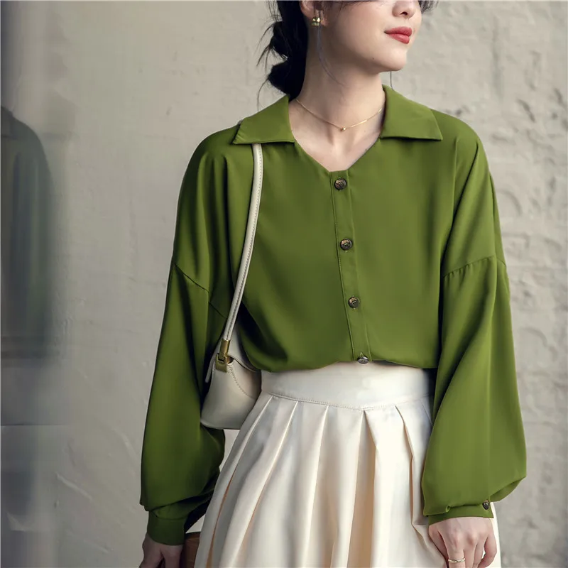 

2022 spring autumn avocado green long-sleeved chiffon women clothing French fashion shirt V-neck office lady long sleeve blouses