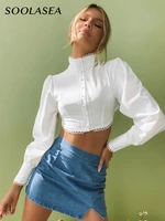 soolasea office white lace stand collar shirt summer chic crop top blouse woman elegant ladies tops long sleeve button up top