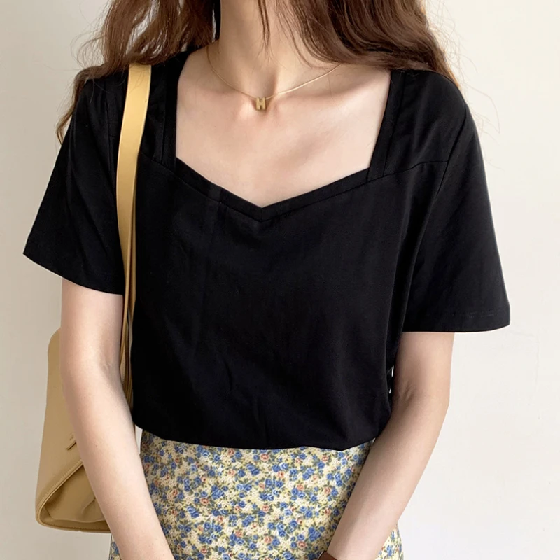 

Fashion V-neck Women T-shirt Cotton Black Short Sleeve Summer T-shirts Casual Basic All-match Female Tops