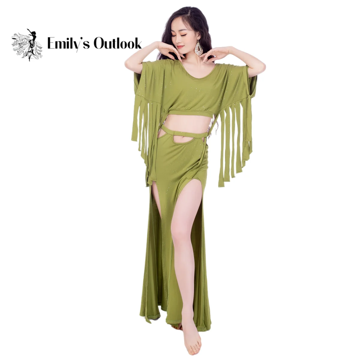 

Женский костюм для танца живота, серебристая блестящая юбка с разрезом и рукавами-бахромой