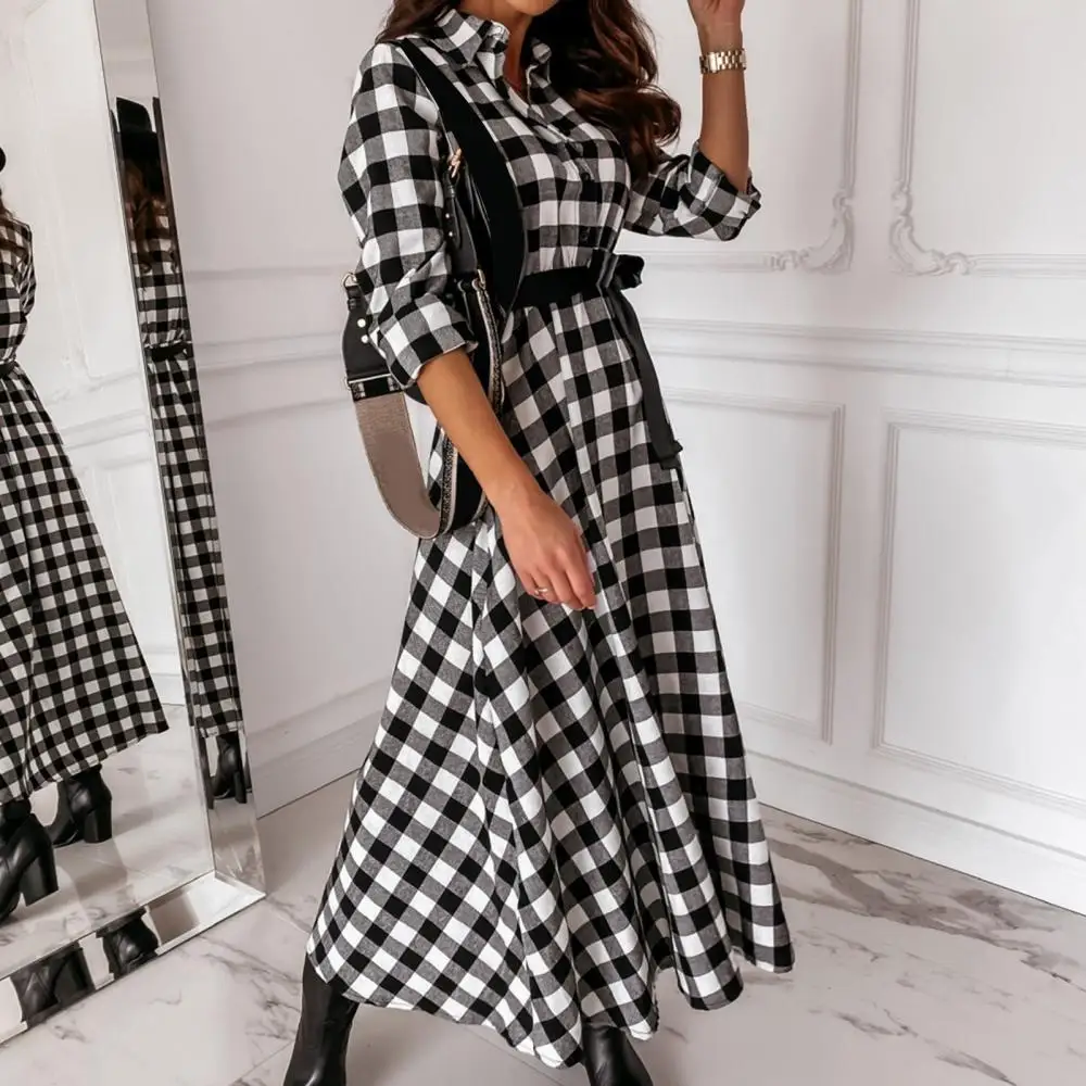 

Dress Chic Women Long Sleeve Turn Down Collar Plaid Large Hem Buttons Belt Maxi Dress
