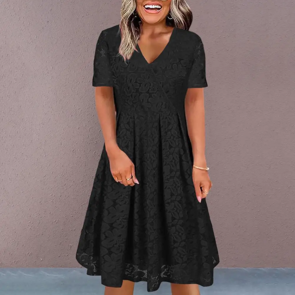 

Women Summer Dress Solid Color V-neck Short Sleeve Mini Dress Loose Hem Waist Tight Embroidery Lace Party Dress Streetwear