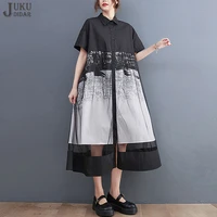 japanese style woman new summer big size black white printed shirt dress mesh overlay loose large long robe casual dress jjxd008
