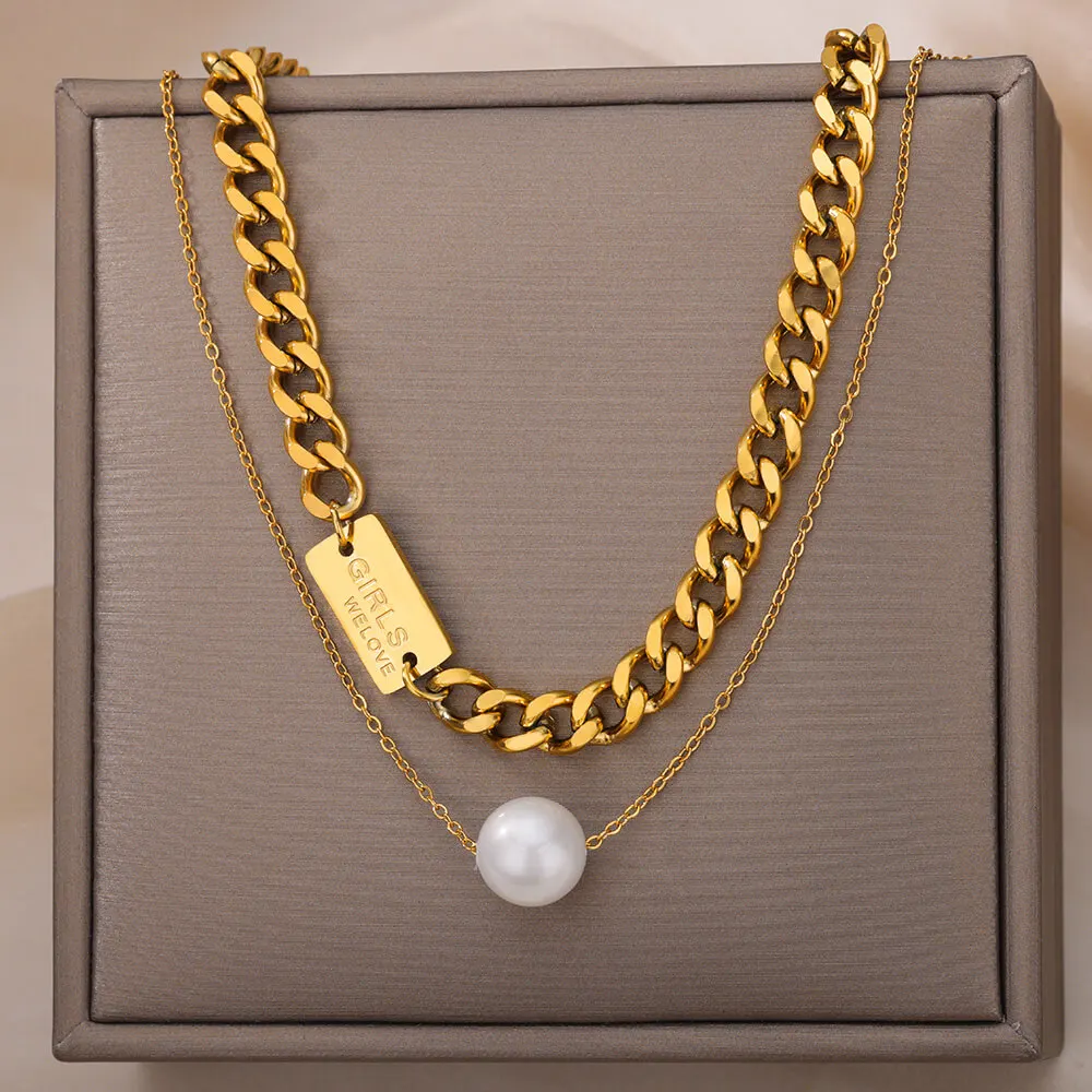 

Multilayer Imitation Pearls Necklace for Women Gold Color Stainless Steel Cuban Chains Necklaces Luxury Wedding Jewerly collares