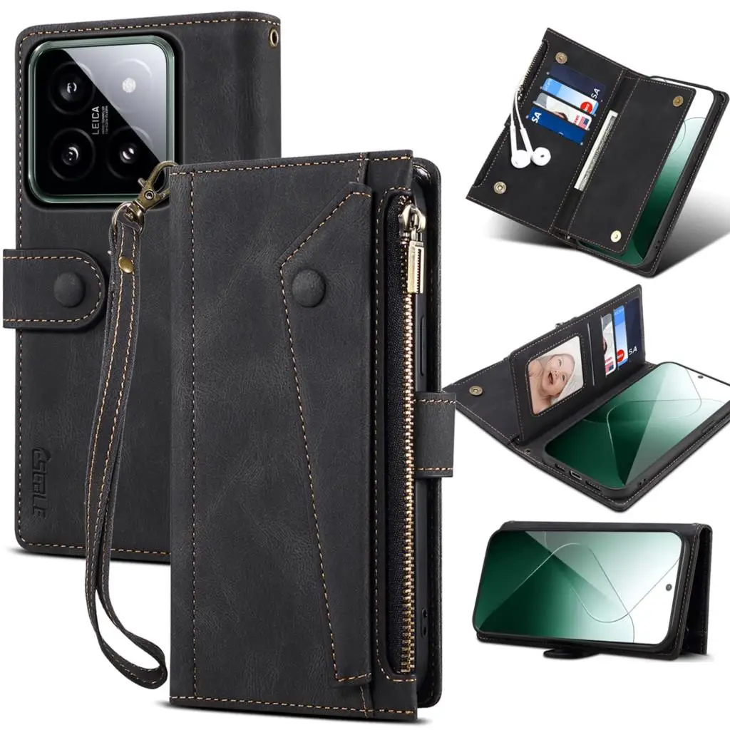

Wallet Flip Leather Cases For Xiaomi Mi14 Pro Mi 14 13 Ultra Mobile Phone Case For Rope Luxury Zipper Cover Smartphone Fundas