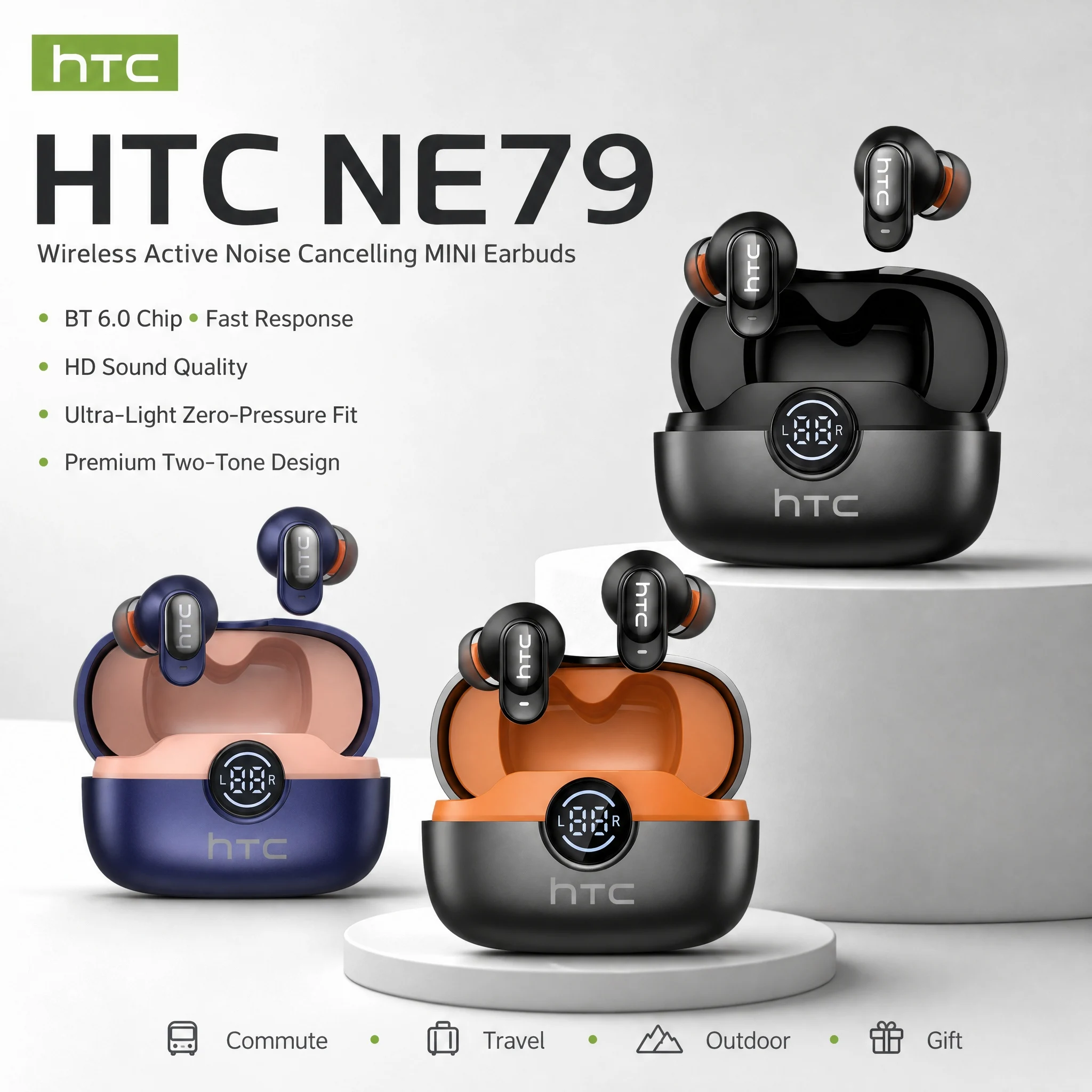 Фото Bluetooth-наушники HTC NE79, спортивные игровые беспроводные наушники с длительным временем автономной работы, комфортные беспроводные наушники, премиум-качество звука, мягкие наушники-вкладыши №1