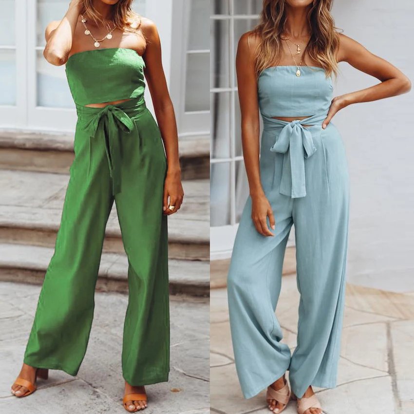 Summer Jumpsuit Women Off-shoulder Wrap Tops Backless Solid Color Sleeveless Rompers Casual Simple Lace-up Playsuit Long Pants