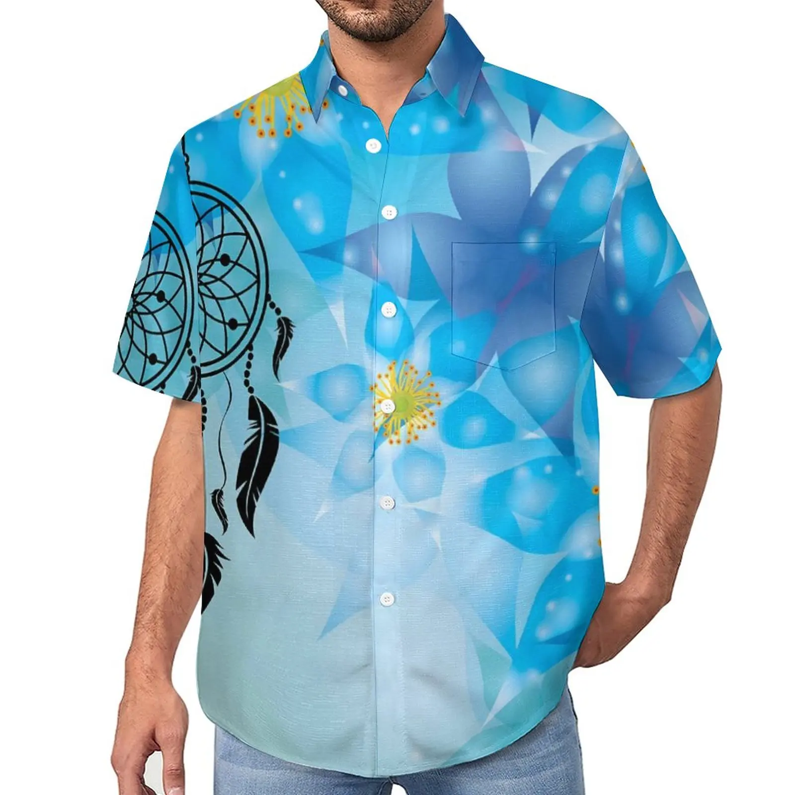 

Blue Dream Catcher Blouses Man Abstract Print Casual Shirts Hawaii Short-Sleeved Graphic Trendy Oversized Beach Shirt Gift Idea