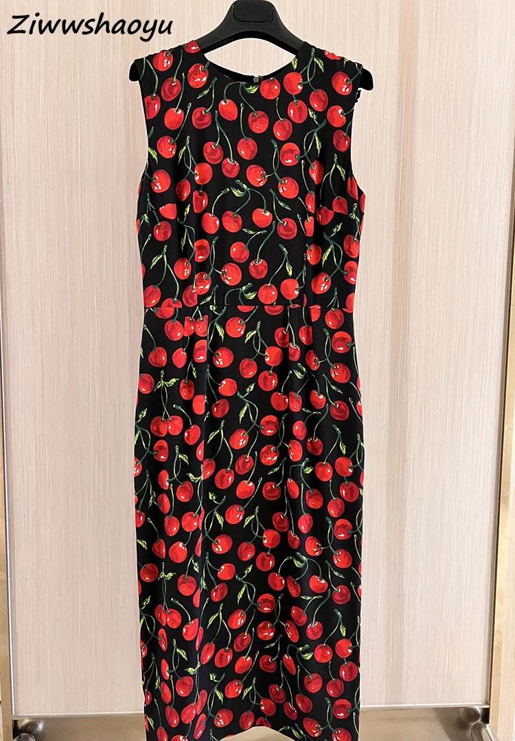

Женское модельное платье-миди без рукавов, элегантное облегающее шелковое платье с принтом вишни, лето