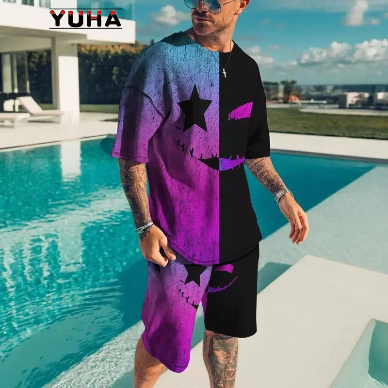Yuha 3d Print Oversized T-shirt Shorts Set For Men Causal Short Sleeve Tracksuits Costume Breathable Men's Sports Suits Two-piec