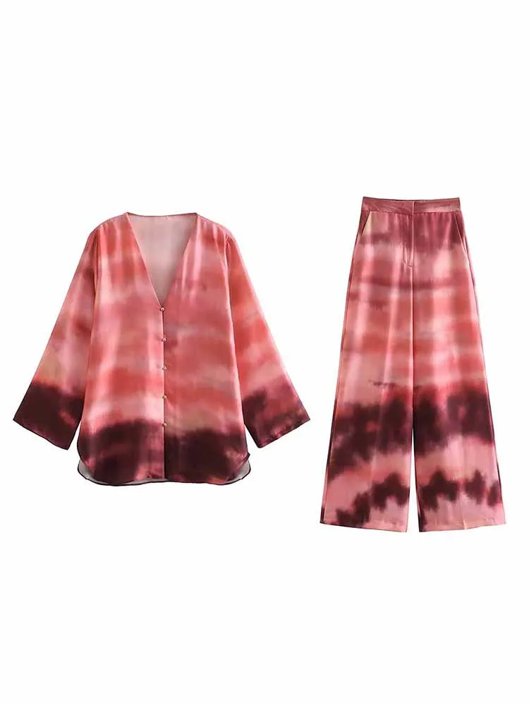 

Women New Fashion Tie dyed printed Satin texture Long Sleeve Blouses Vintage V Neck Button-up Female Shirts Chic Tops
