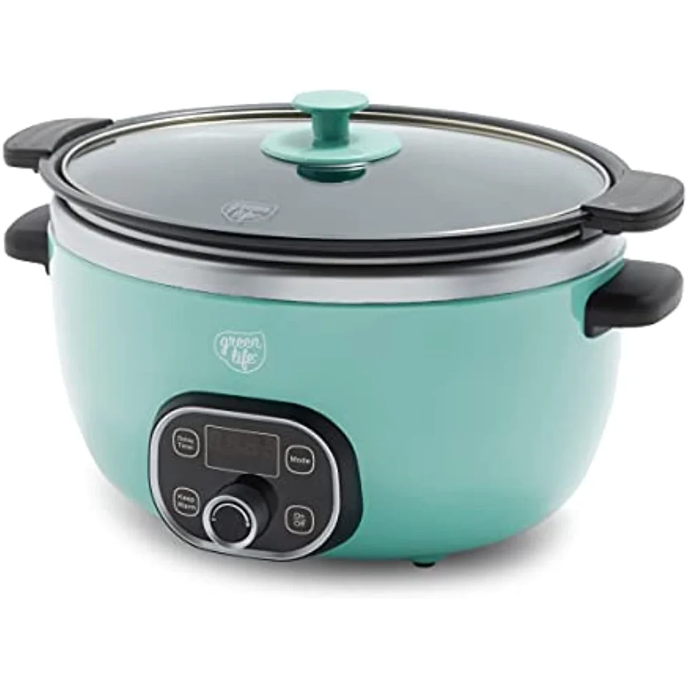 

Healthy Ceramic Nonstick 6QT Slow Cooker, PFAS-Free, Digital Timer, Dishwasher Safe Parts, Turquoise