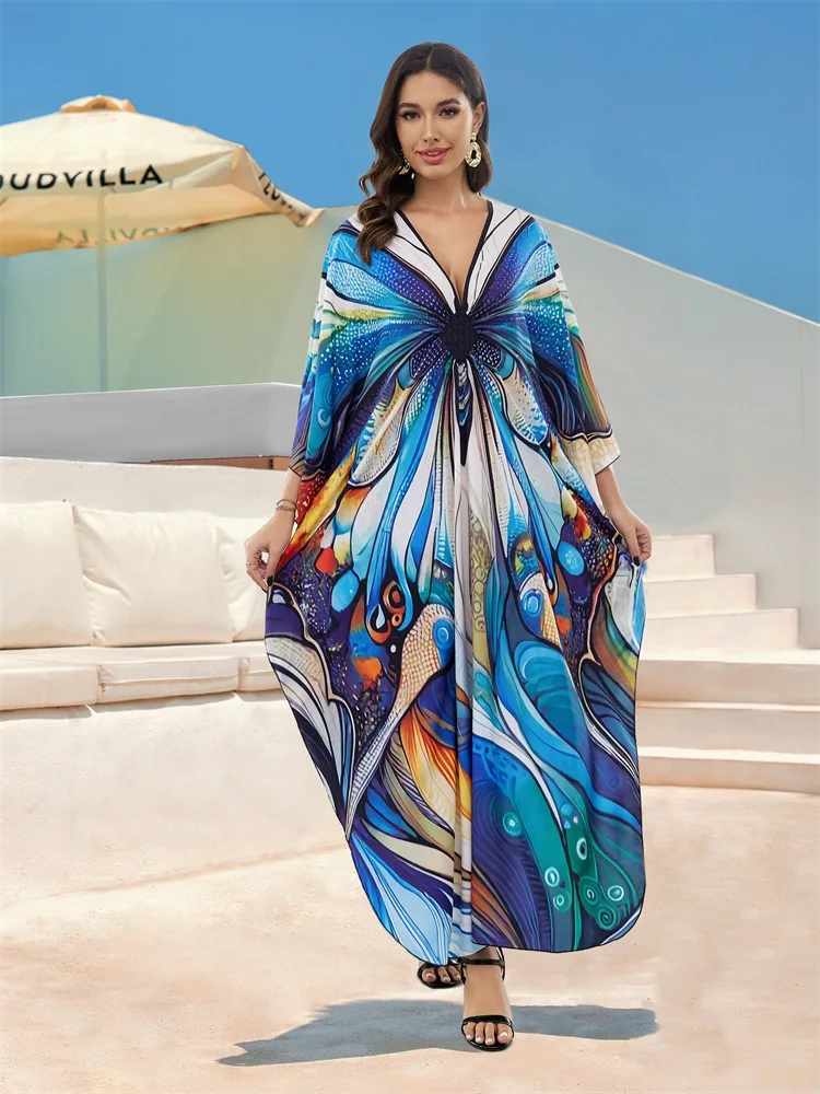 Женский свободный Halaat в богемном стиле с синим цветочным принтом и V-образным